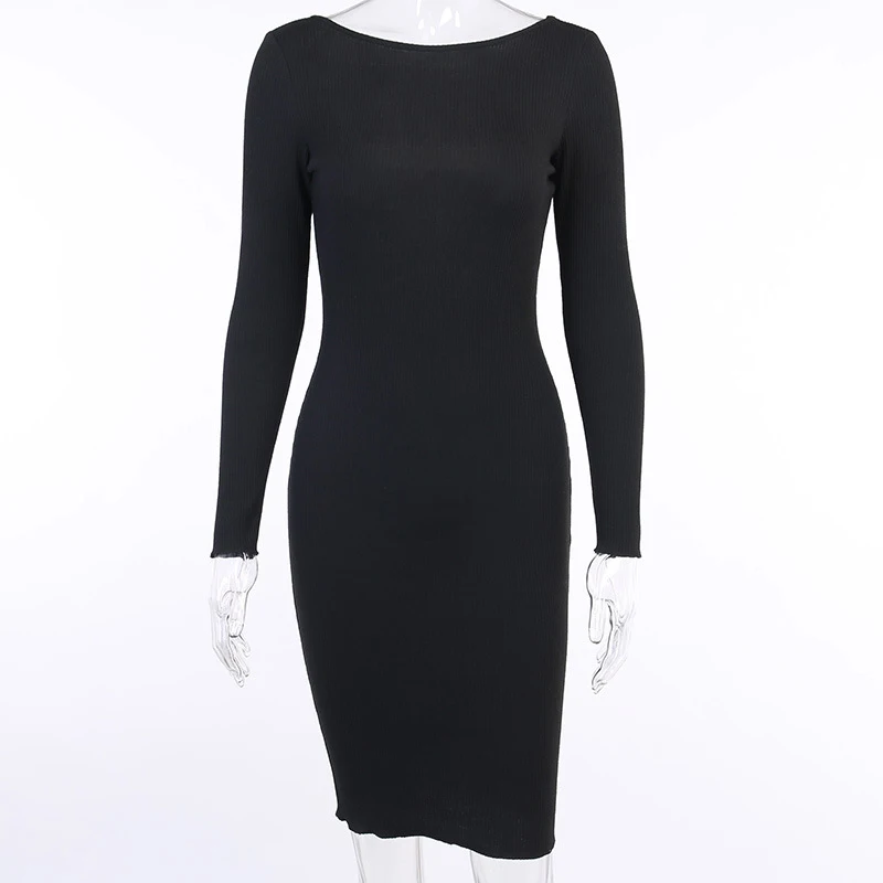 

2021 Casual Women's Sexy Hollow Chain Halter Long Sleeve Solid Color Fashion High Waist Cotton Dress