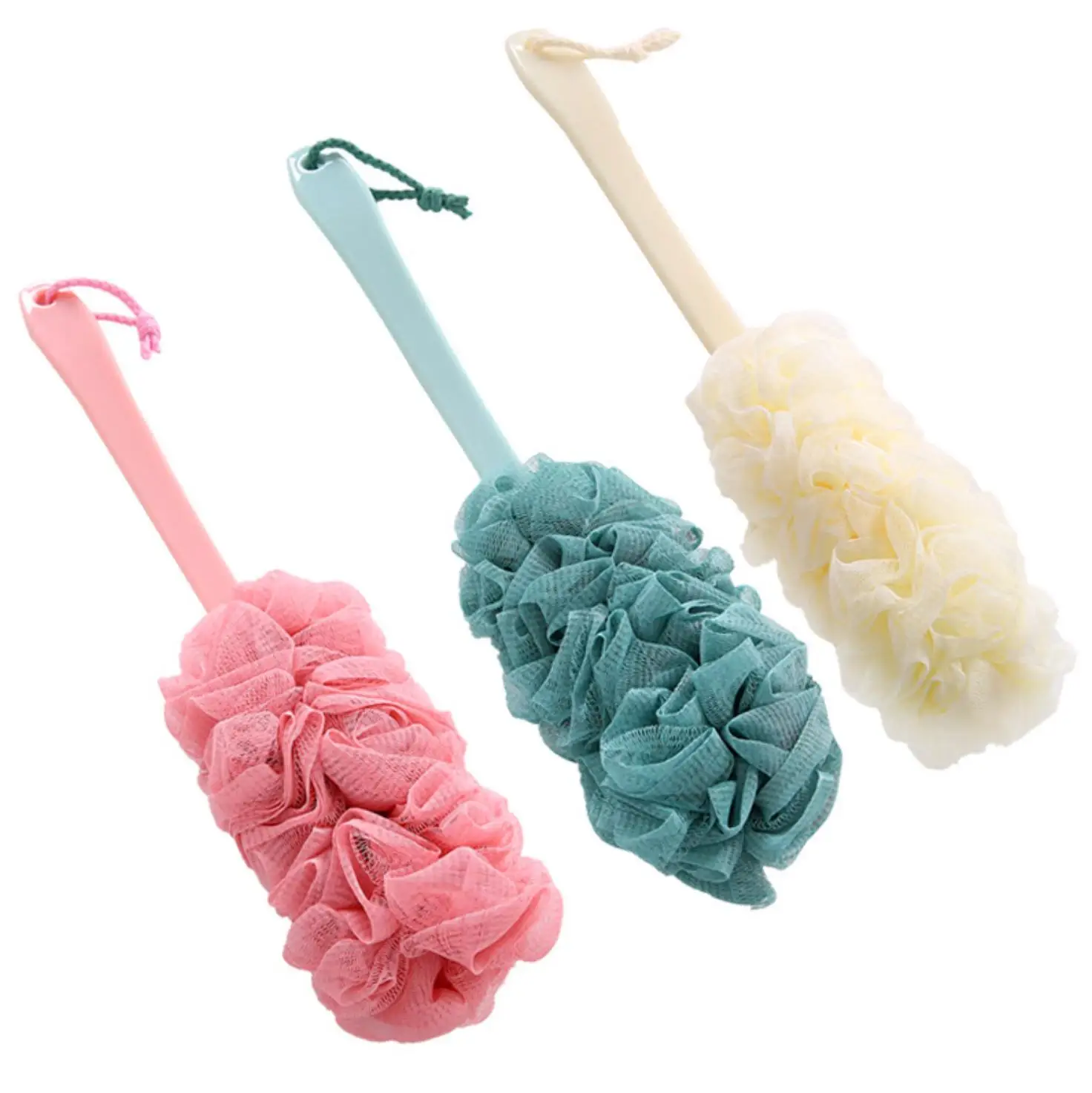 

H859 Custom Wholesale Washing Back Soft Mesh Sponges Stick Puff Multi Color Foaming Long Handle Bath Sponge, Multi colour