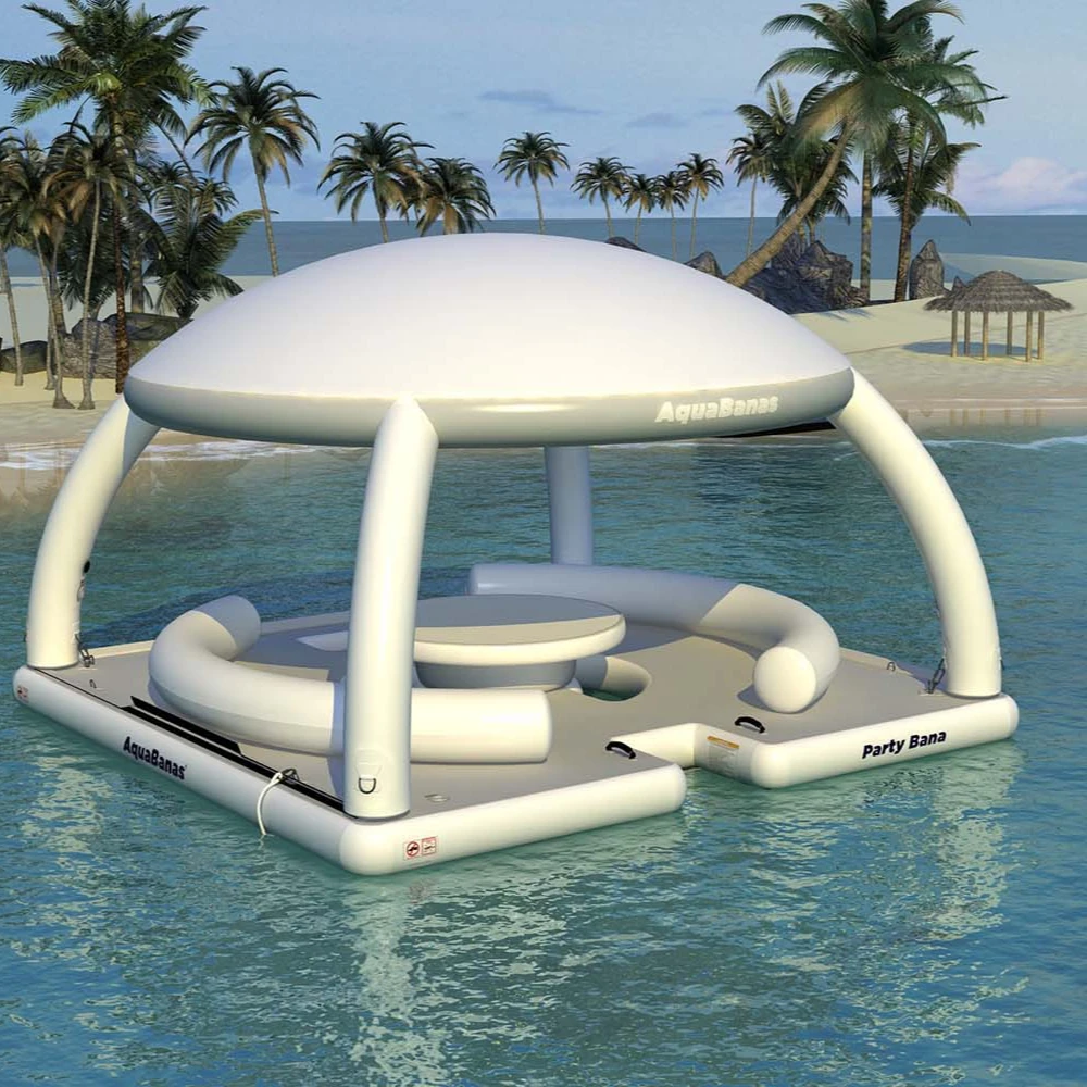 

Inflatable floating island platform bar inflatable floating dock Play water floating pub with tent for adults