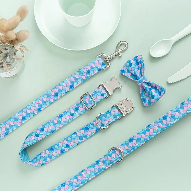 

Heyri pet best quality great design luxury style romantic designer Mermaid printing puppy leads bow chic dog collar para perro, As photo