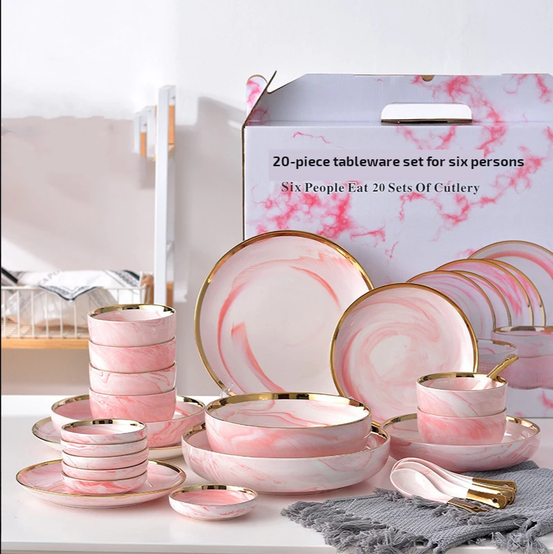 

luxury Marbled Phnom Penh Plate Bowls and Dishes Household Soup Bowls and Rice Bowls plates sets dinnerware ceramic dinner, Pink