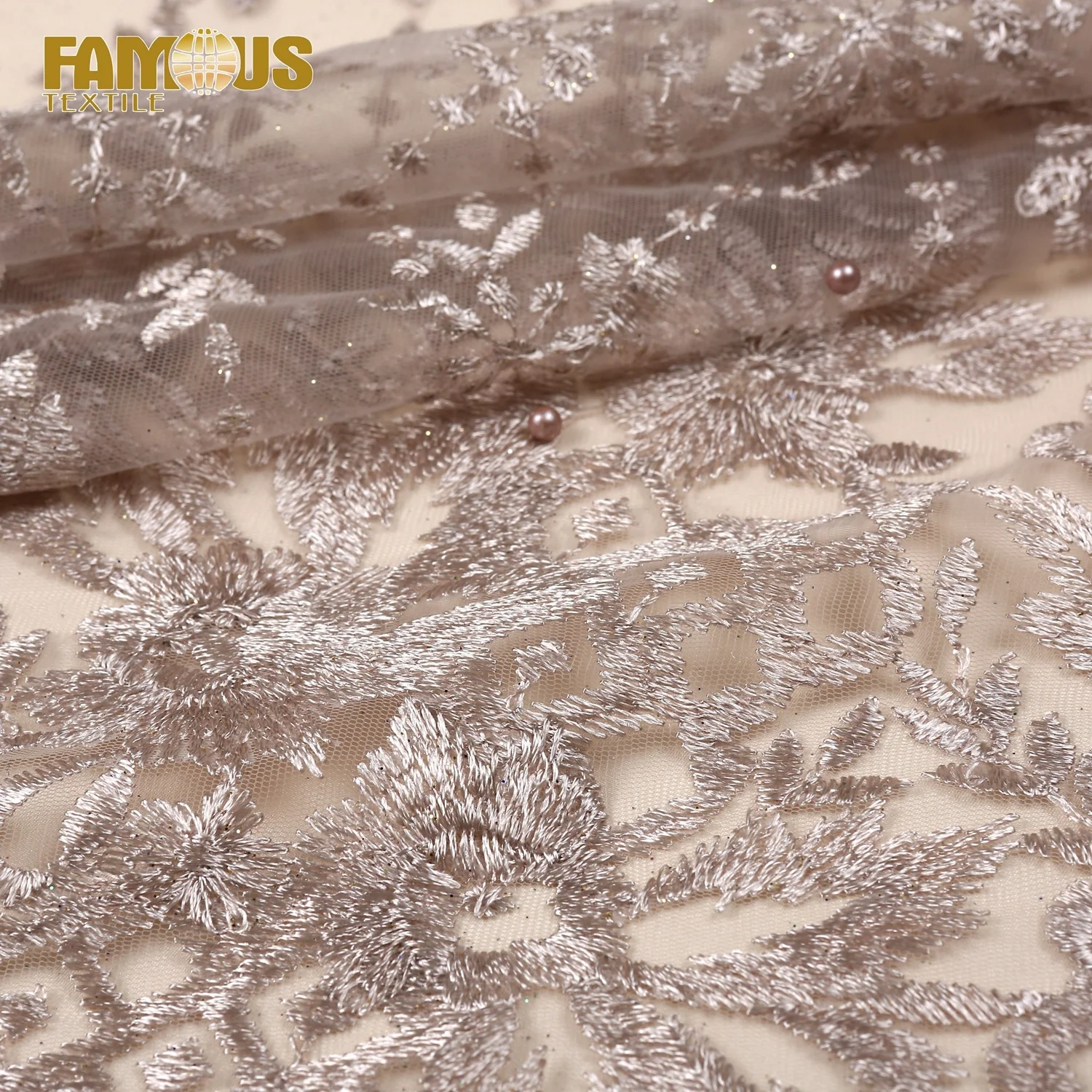 

High quality design studded lace glitter fabric with colorful pearls for wedding dress