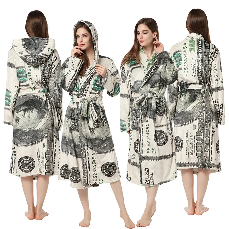 

Wholesale Women Night-robe Ladies Hooded Bath Robe Winter Flannel Lapel Dressing Gown