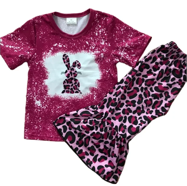 

Latest Arrivals Easter Leopard Bunny Print Set Baby Girls Spring Short Sleeve Shirt Pants 2 Pcs Cute Easter Clothing Outfit