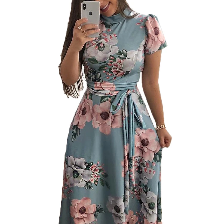 

Women Spring Flower Print Dress V Neck Casual Three Quarter Sleeve Ruffles Split Dress Female Elegant Party Vestidos