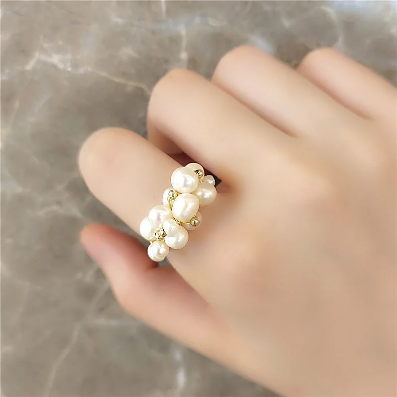 

ring with pearl fashion big geometric pearl paved rings for women 2021 new jewelry personality statement open ring, Gold