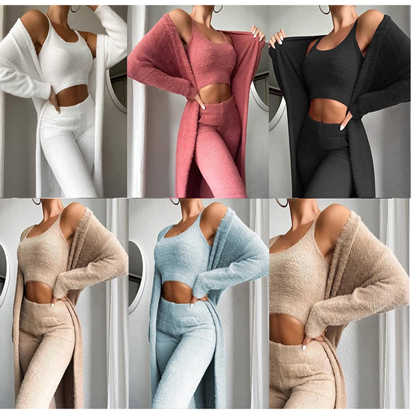 

2021 Wholesale Ladies Clothes Plush Sweater V Neck Strapless Vest Trousers Girl Suit 3 Three Piece Set Women Clothing Sets