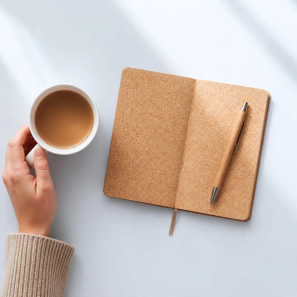 Flat lay scene with coffee cup and open cork journal