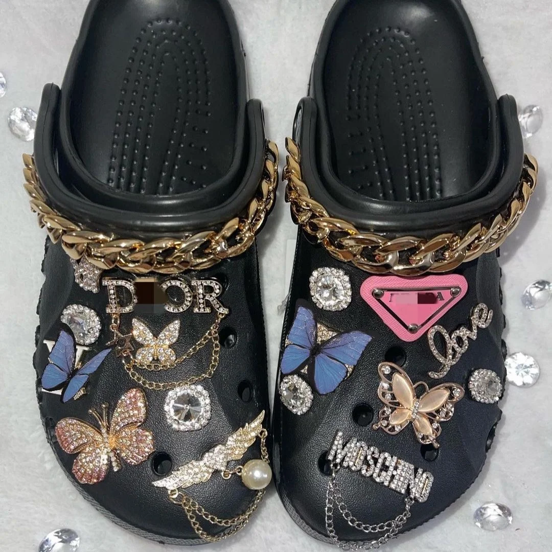 

New Design Big name metal diamond chains and pearls bling Girl Gift Decoration shoes charms, Picture