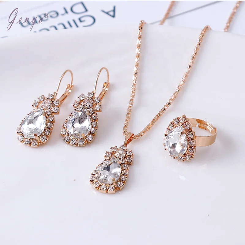 

Genya 2021 New Bride jewelry Set diamond set bride necklace earrings rings exotic jewelry set for women, Picture