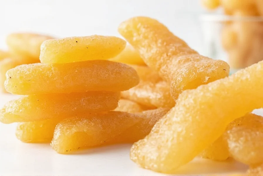 Close-up of hard ginger candy pieces showing crystallized ginger suspended in sugar matrix