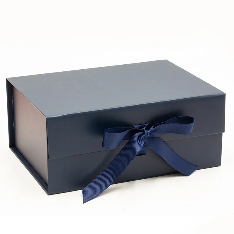 

Luxury sturdy a5 deep navy blue folding magnetic gift tie box with ribbon