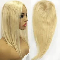 

Natural LookingThick Hair Piece Real Human Hair Toupee for Women Light Blonde Color 5"x 6" Silk Base Hair toppers with Clips on