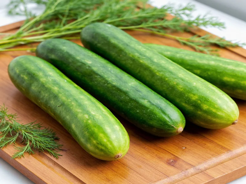 Fresh cucumbers and dill sprigs on wooden cutting board