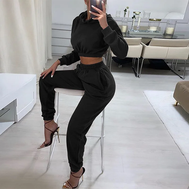 

KSX04655 Fall 2021 Custom crop top hoodie two piece jogger pants set 2 piece jogger set women oufits jogger set