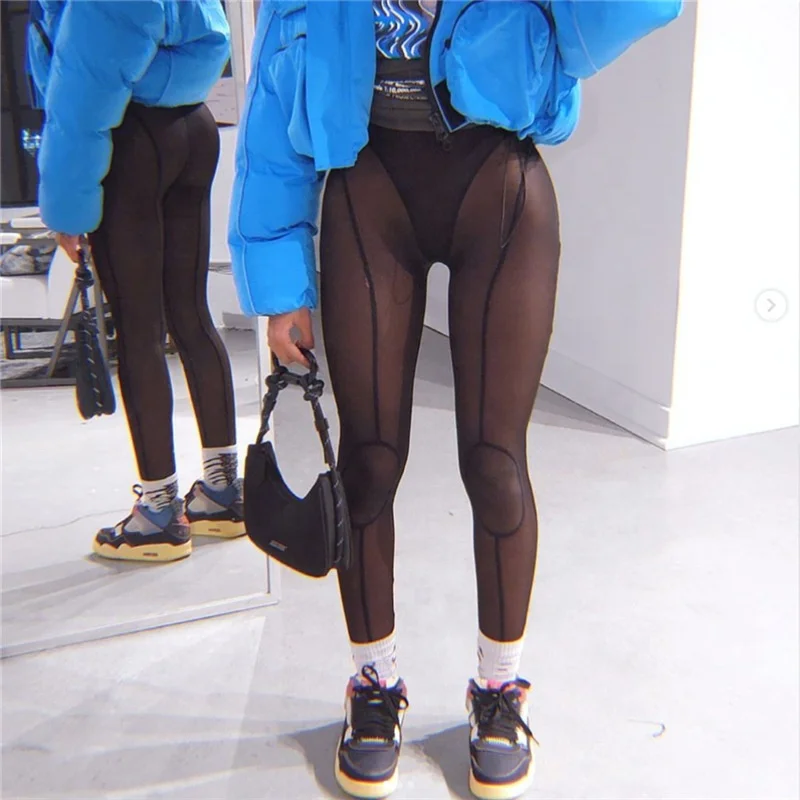 

LANOZY Trend Fashion Solid Color Black Stitching Pant High Waist Slim Fit Women Midnight Mesh See Through Tight Legging