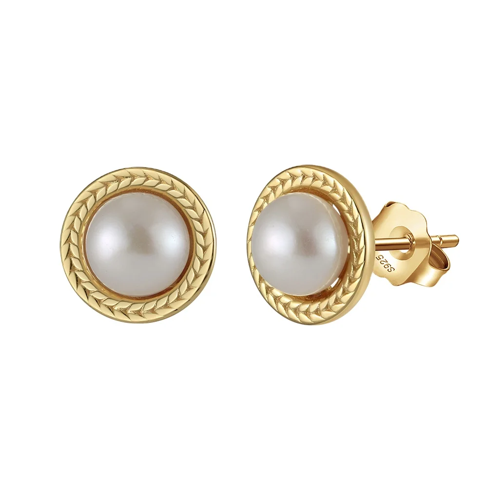 RINNTIN GPE98 French Vintage Style Stud Earring With Round Real Natural Pearl Women 925 Silver Earrings Jewelry China
