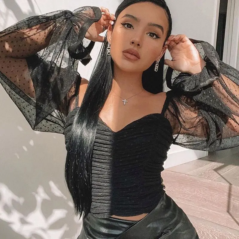 

Black Women Blouse Shirts Crop Tops Chiffon Mesh Polka Dot Sexy V-neck Long Sleeve Backless Ladies Outwear