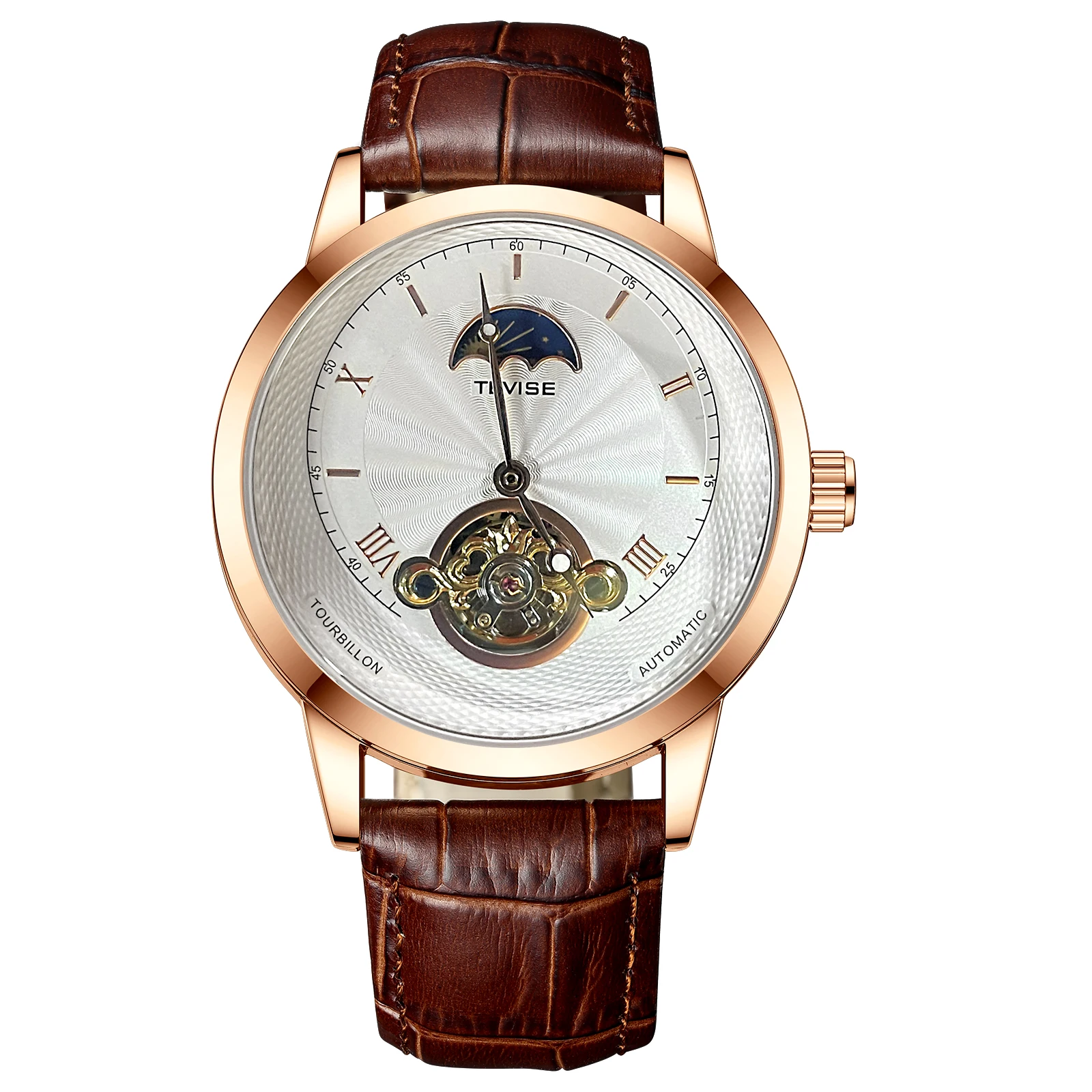 

New arrival tourbillon movement watch moon phase OEM TEVISE T874G mens leather watch
