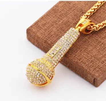 

Bling Big Microphone Pendant Necklace Men Crystal Iced Out Chain Gold/Silver Music Microphone Charm Fashion Hip Hop Jewely, 6 colors