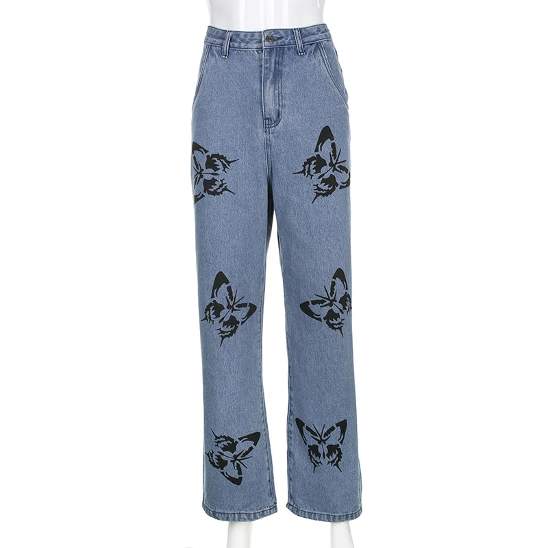 

Jeans Pants New Fashion High Waisted Slim Butterfly Print Straight Casual Women Jeans