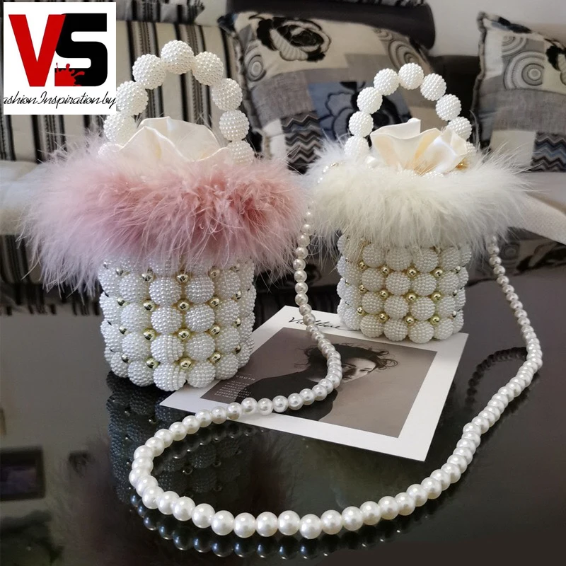 

Grace Winter Fashion New Women's Mini Pearl Bag Hand-knitted Beaded Pearl ABS Bag Fur Bucket Bag Evening Wedding Party Handbags, Colorful