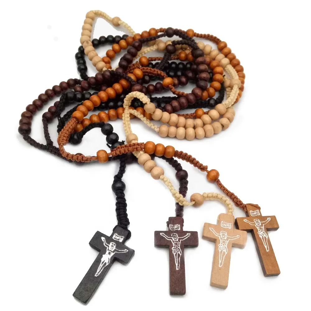 

China factory directly sell round wood beads cross rosary necklace cheap cross necklace