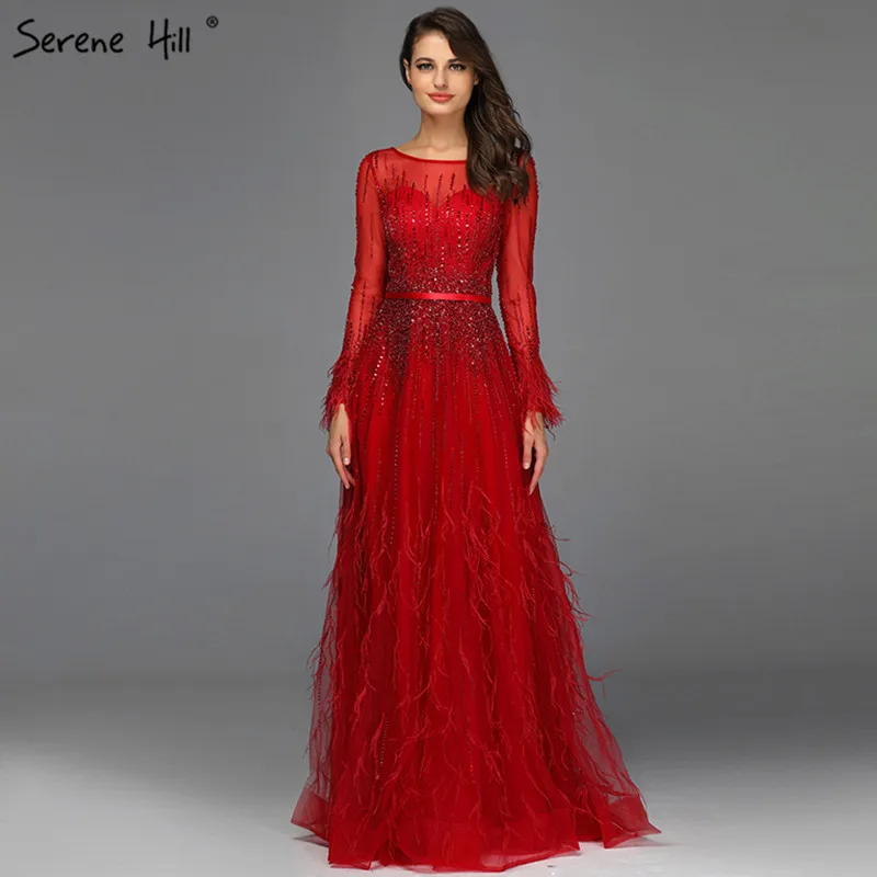 

Serene Hill A Line Long Sleeves Elegant Wine Red Sequin Feathers Long Ball Gown Prom Evening Dresses Women For Party LA60836