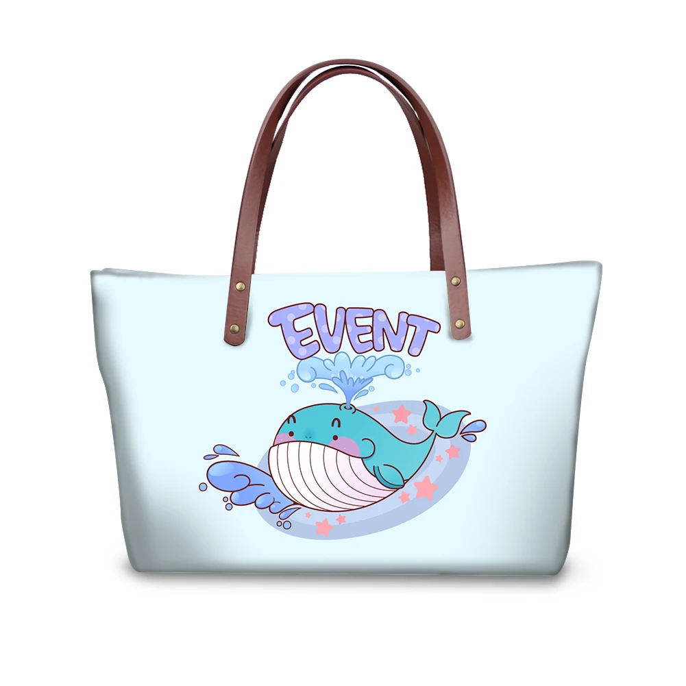 

Custom full print whale tote bag PU handle beach bag Cheap handbag for Women