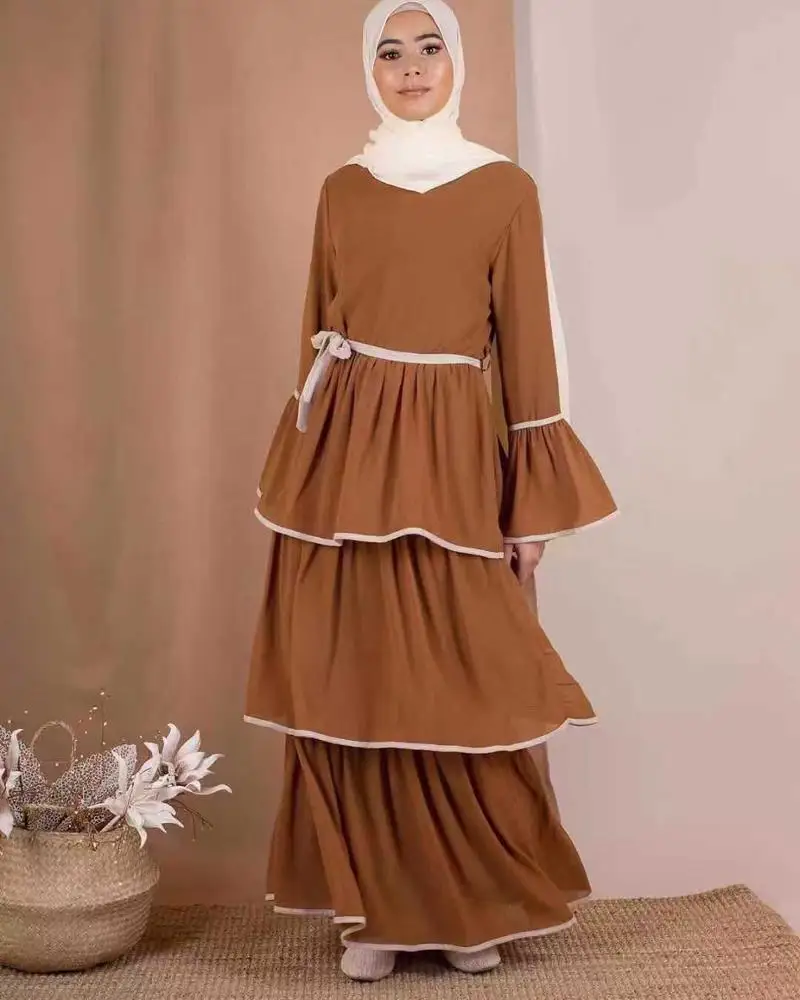 

Fashion abaya muslim 3 layers cakes dress young women beautiful daily wearing islamic clothing, As photo