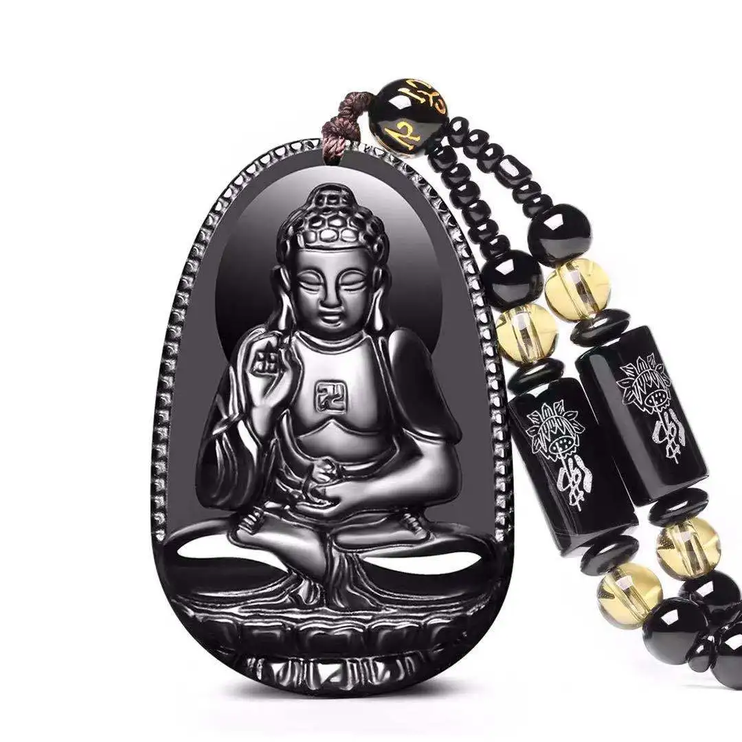 

Amitabha Black Obsidian Carved Buddha Lucky Amulet Pendant Necklace For Women Men pendants Jewelry