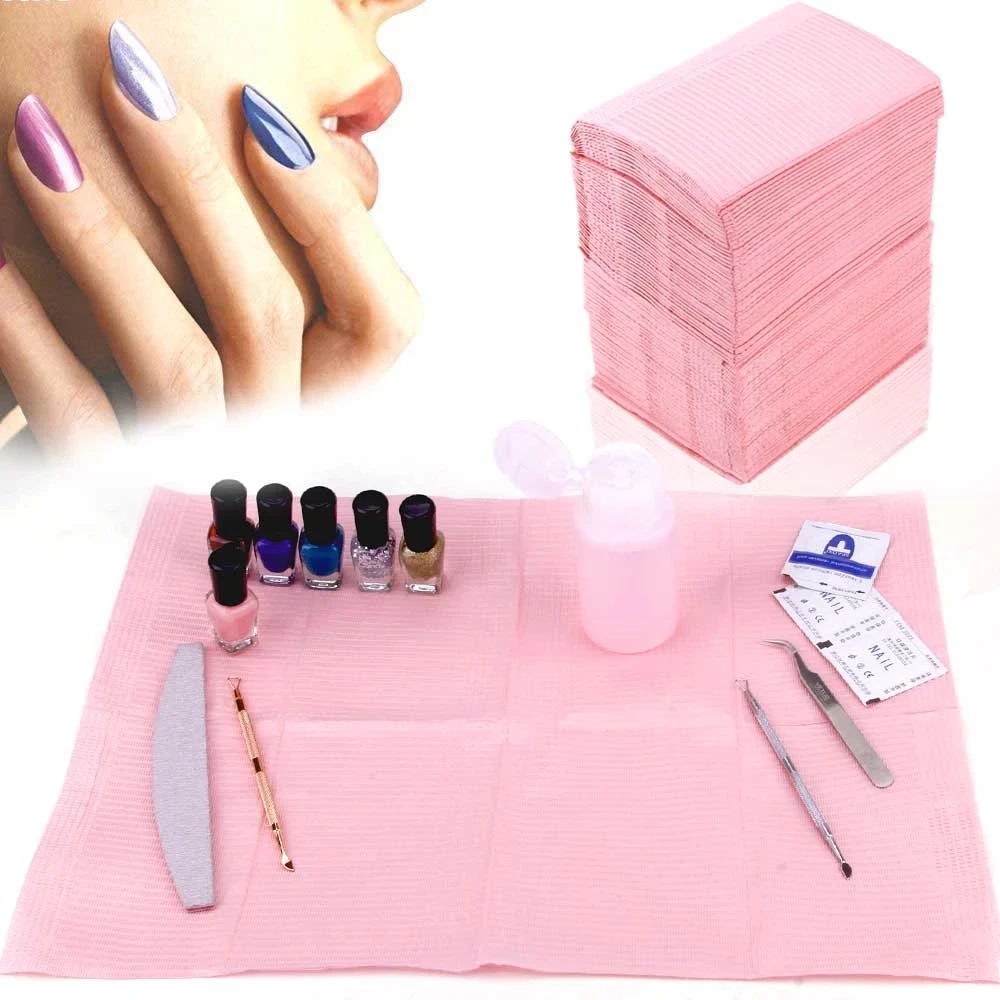 

125pcs Disposable Foldable Clean Pad Beauty Nail Care Polish Waterproof Tablecloth Manicure Tool Lint Paper Nail Art Table Mat, Pink and blue