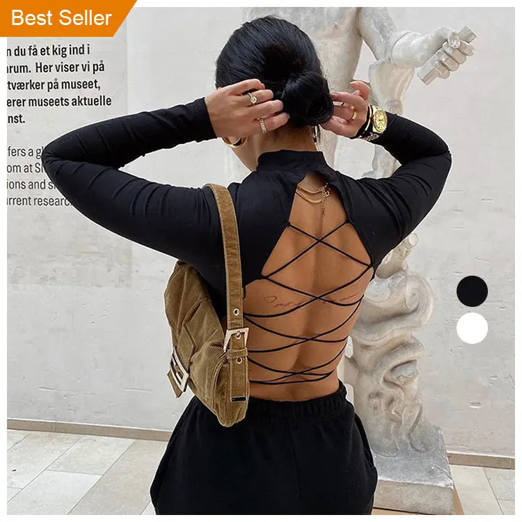 

Popular Trendy Woman Tshirt Long Sleeve Backless Bandage Black White Basic Top Fashionable Designers Womens Ladies Crop Tops