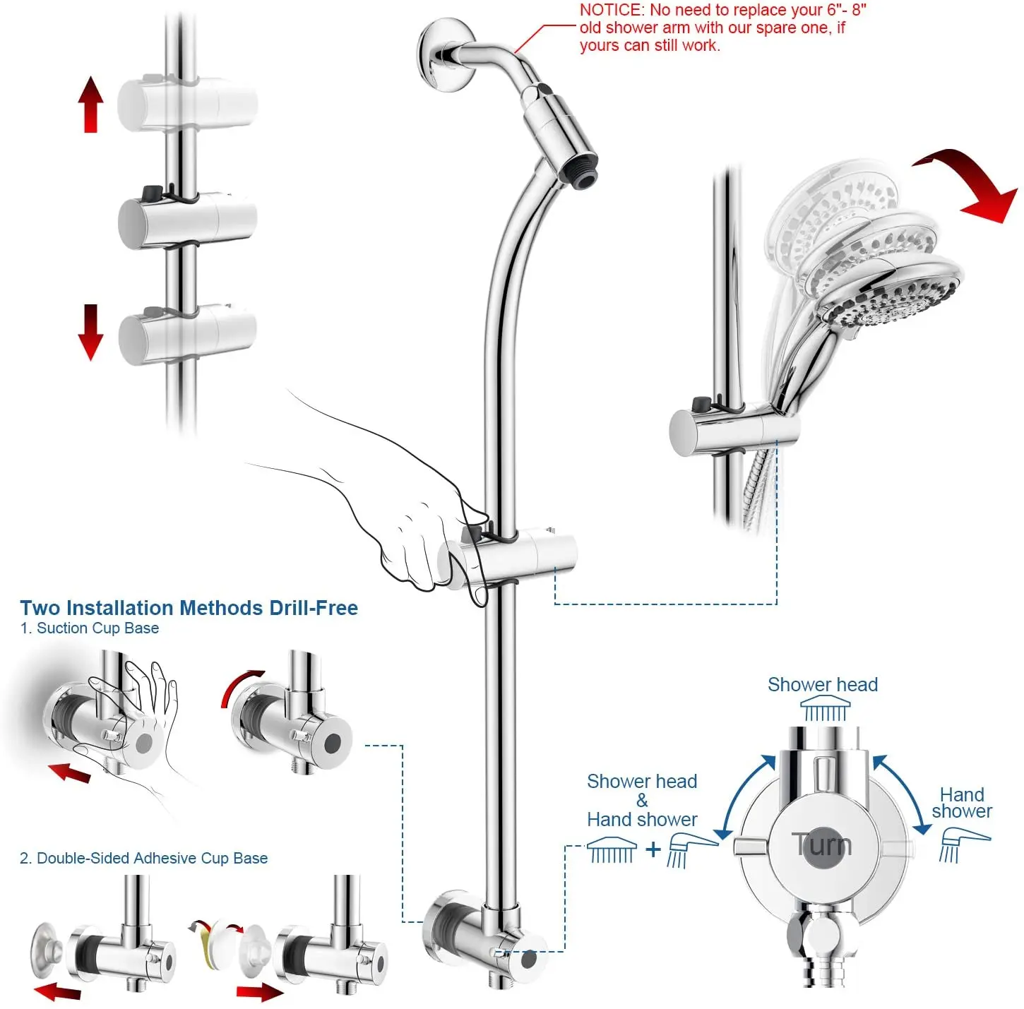 Hot Sale Wall Mounted Hand Shower Set Stainless Steel Slide Bar With 5