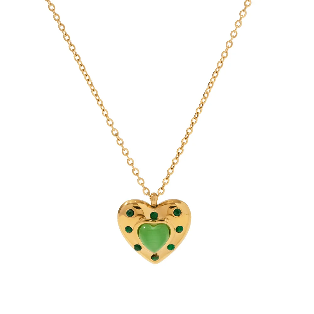 

Waterproof Green Heart Necklace Stainless Steel Green Zircon Opal Stone Heart Pendant Necklace