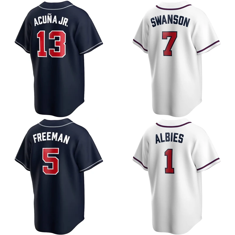 

Customize Men's Atlanta City Baseball Jersey #13 Ronald Acuna Jr. #5 Freeman #7 Swanson cheap white Stitched Brave Uniform