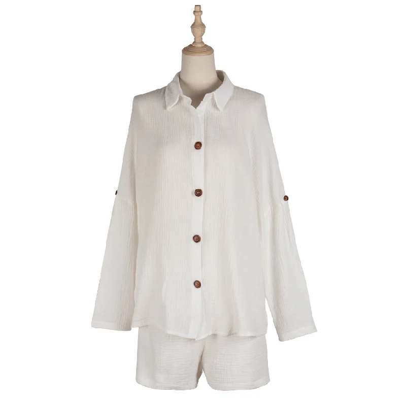 

Women Linen Clothing Solid White Blouse Top and Shorts 2 Piece Shorts Shirt Set