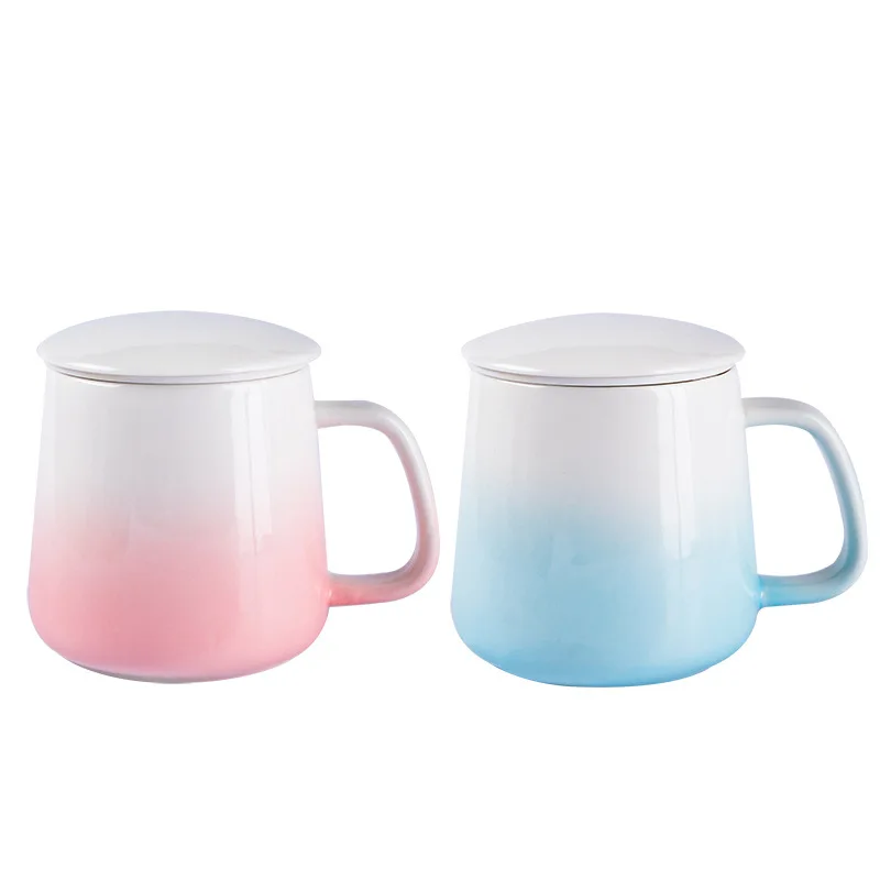 

custom logo china modern ceramic porcelain tea mug with infuser filter and lid, Pink and blue