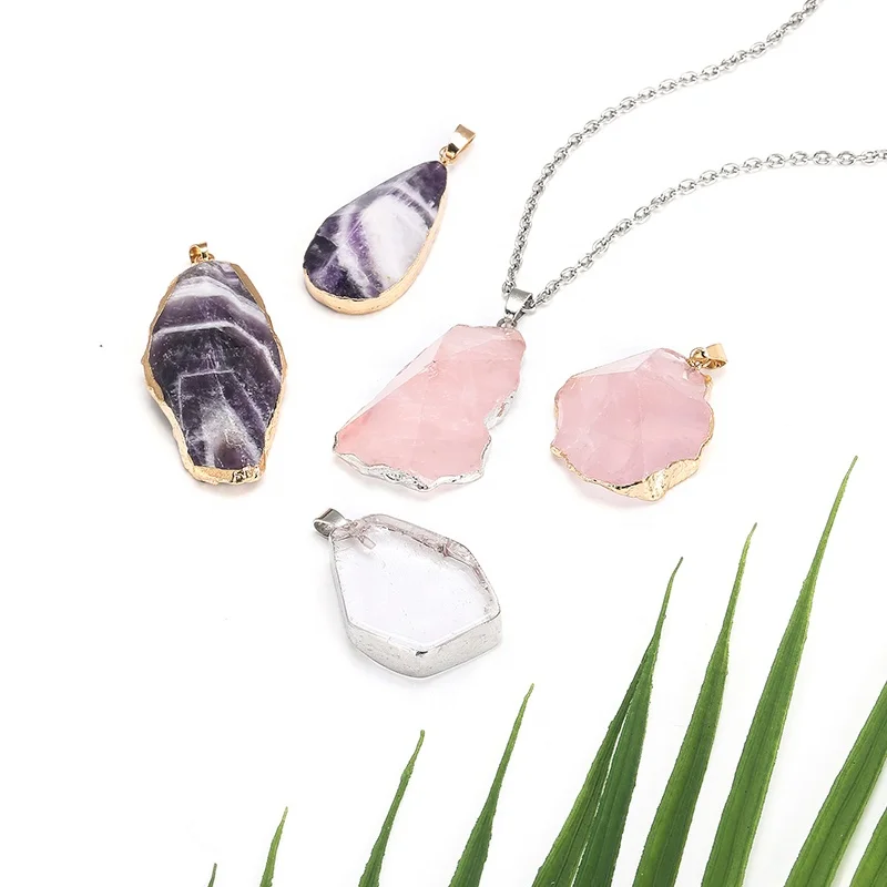 

Clear Crystal Quartz Rough Cut Gemstone Pendants Stone Raw Crystal Rough Gold Silver Plating Pendants Jewelry Making