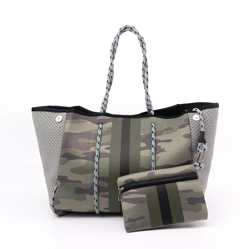 

Wholesale 2021 Camouflage Stripe Design Neoprene Fashion Customized Beach Handbag Waterproof Neoprene Beach Tote Bag, Sample or customized