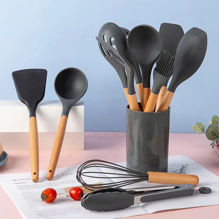 

16pcs Kitchen Utensil Silicone Cooking Baking Durable Cookware Set Kitchen Accessories Tools Wooden Handle Silicone Kitchenware, Black