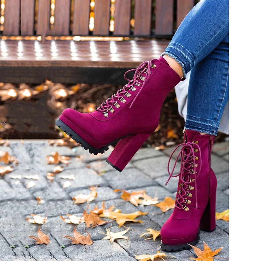

Fashion Chunky High Heel Side Zipper Female Short Booties Shoes Hot Selling Platform Lace Up Suede Ankle Boots for Ladies