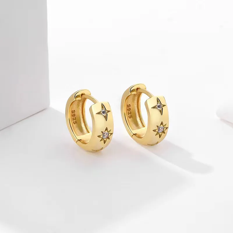 Fashion Earrings Jewelry 925 Sterling Silver Star Zircon Earring Star Gold Plated Hoop Earrings for Women