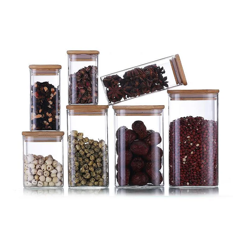 

Wholesale high quality borosilicate glass food storage jar square and round glass jars with wooden lid for spice, Transparent