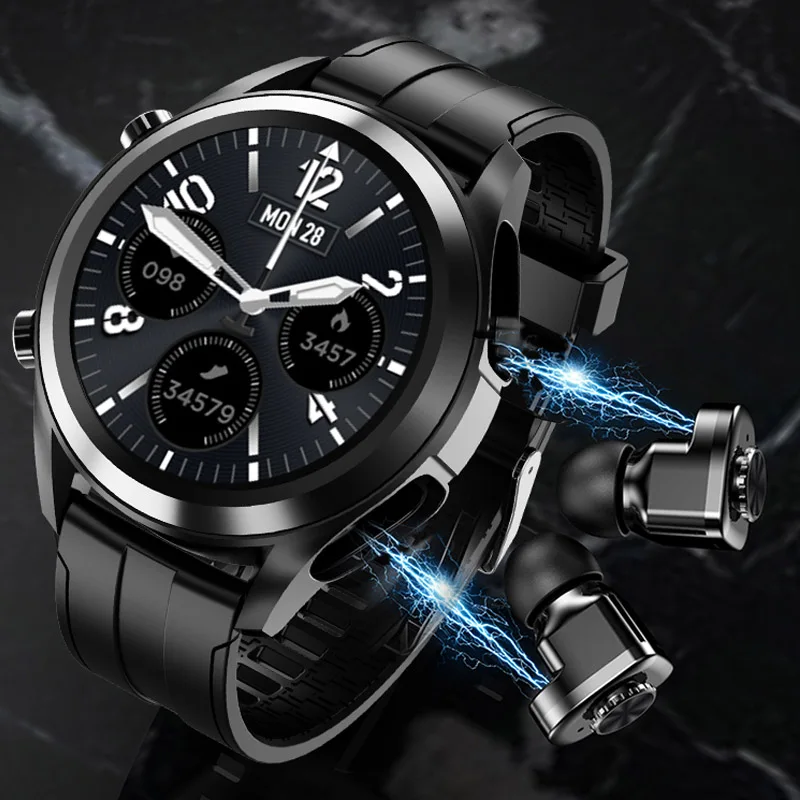 

New Waterproof Blood oxygen Pressure fitness monitor tracker Sport Music Smart watch earbuds tws earphone for apple android with