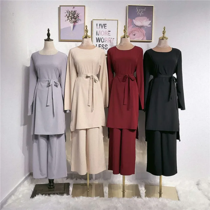 

Hot sell soft crepe plain muslim women set dubai fashion suit, Black;grey;beige;wine red