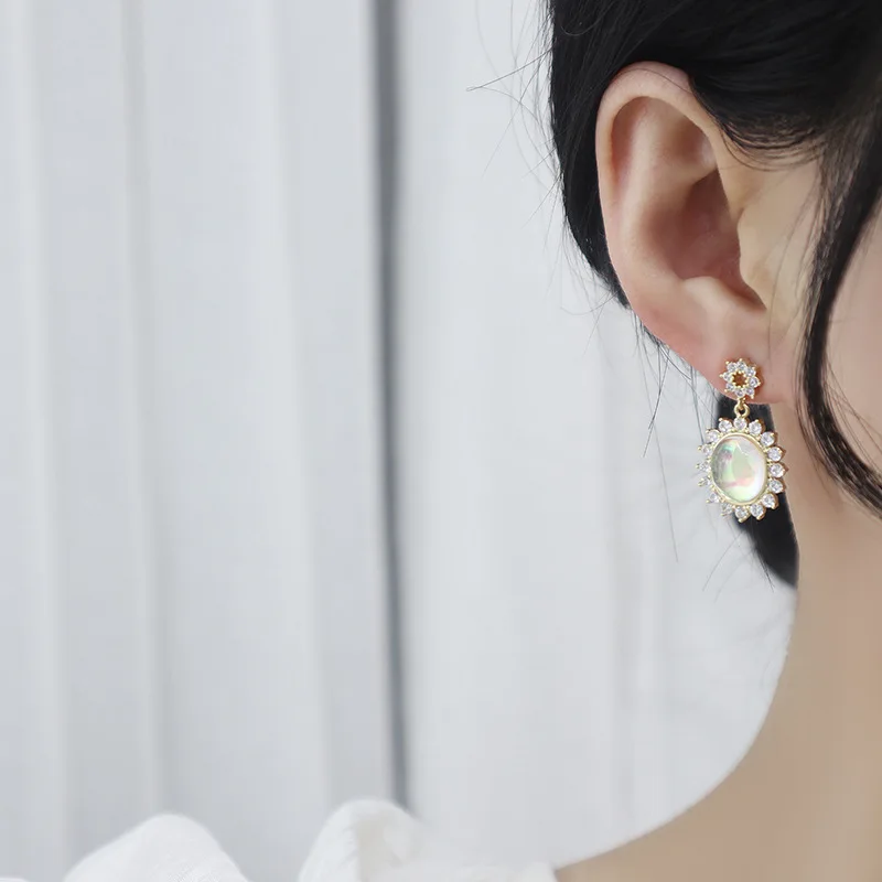 

Vershal A3-466 French Style Shiny Ellipse Opal Drop Earrings Zircon Flower 14K Gold Plated Earrings For Women