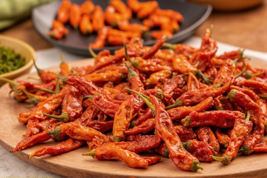 Spice rack showing dried chiles de arbol