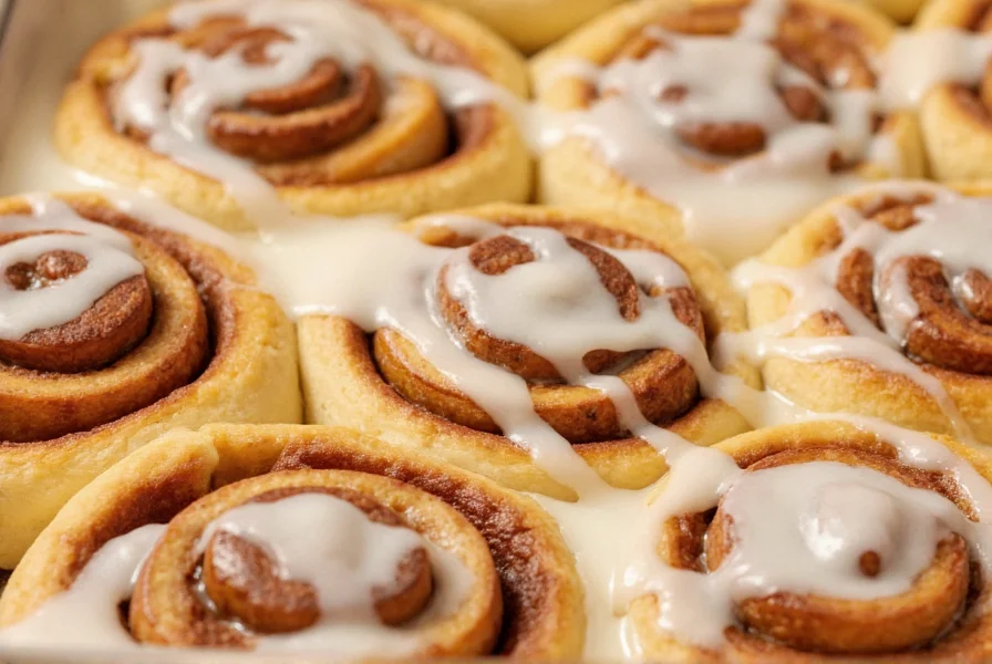 Close-up of perfectly baked apple cinnamon rolls with melted buttery filling and cream cheese icing drizzled on top