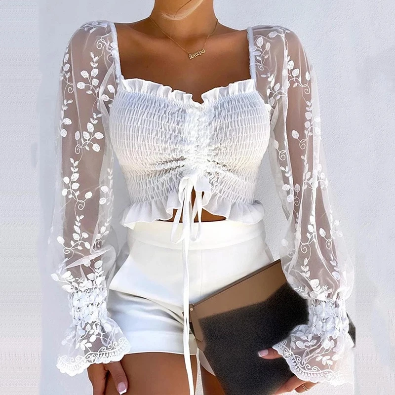 

Elegant Polka Dot Women Blouses Fashion Square Neck Mesh Ruffle Pleated Pullover Top Autumn Casual Long Sleeve Drawstring Shirts